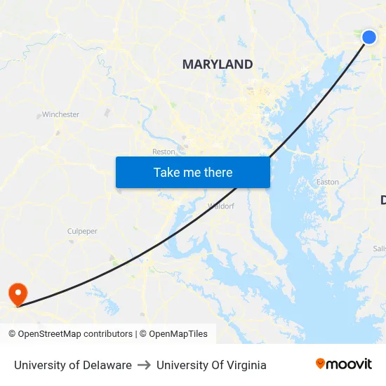 University of Delaware to University Of Virginia map