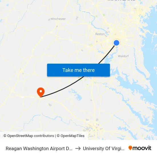 Reagan Washington Airport DCA to University Of Virginia map