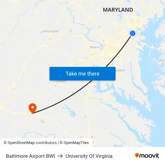 Baltimore Airport BWI to University Of Virginia map
