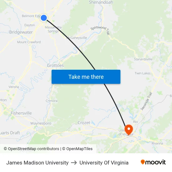 James Madison University to University Of Virginia map