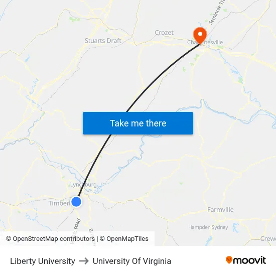 Liberty University to University Of Virginia map