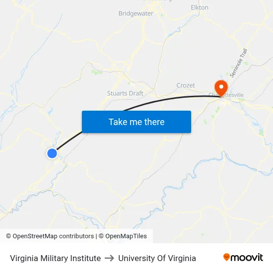 Virginia Military Institute to University Of Virginia map