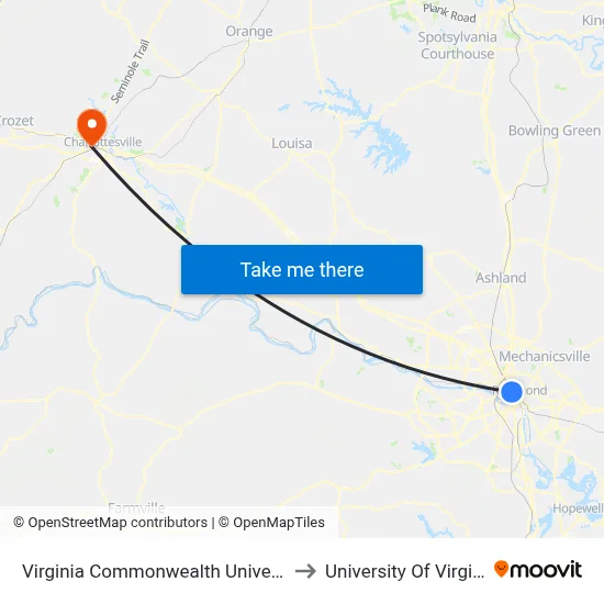 Virginia Commonwealth University to University Of Virginia map