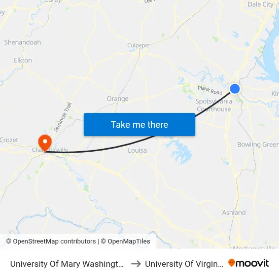 University Of Mary Washington to University Of Virginia map