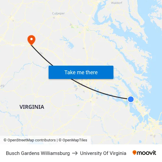 Busch Gardens Williamsburg to University Of Virginia map