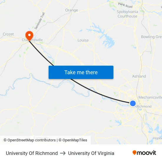 University Of Richmond to University Of Virginia map