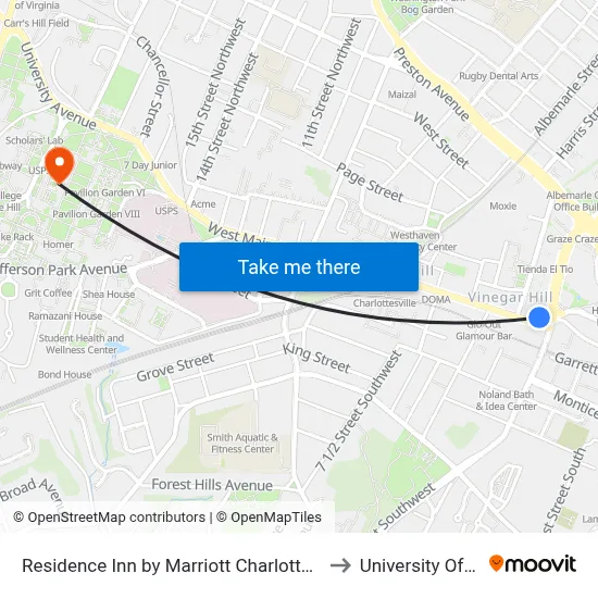 Residence Inn by Marriott Charlottesville Downtown to University Of Virginia map