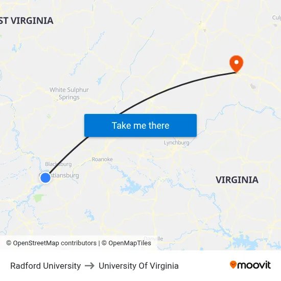 Radford University to University Of Virginia map