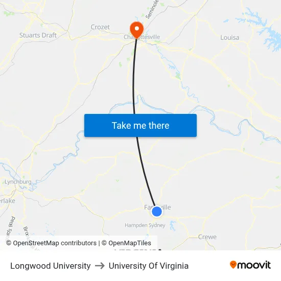 Longwood University to University Of Virginia map