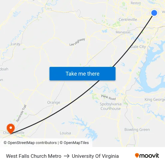 West Falls Church Metro to University Of Virginia map