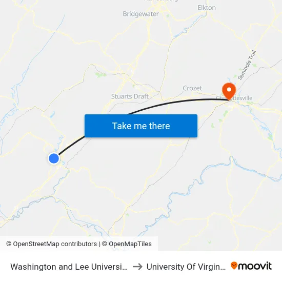 Washington and Lee University to University Of Virginia map
