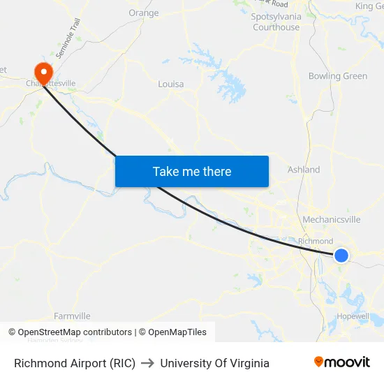 Richmond Airport (RIC) to University Of Virginia map