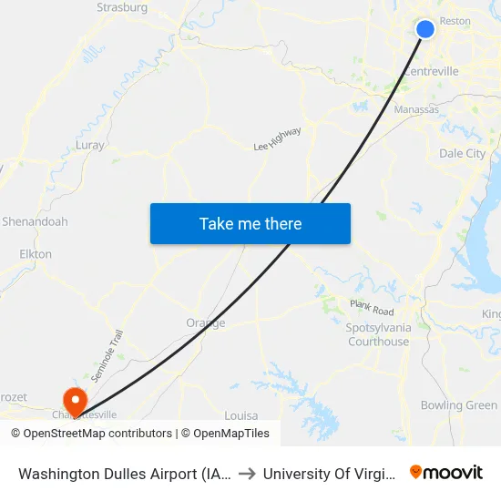 Washington Dulles Airport (IAD) to University Of Virginia map