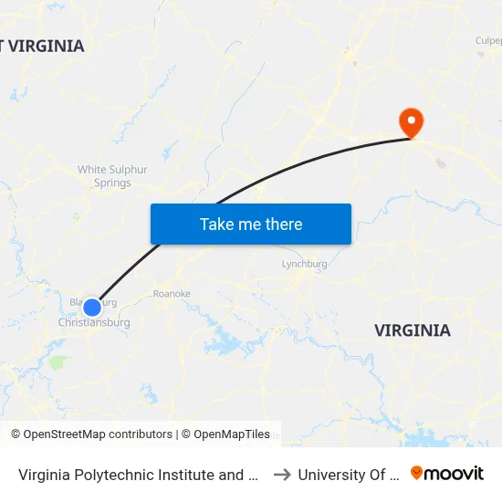 Virginia Polytechnic Institute and State University to University Of Virginia map