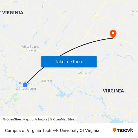 Campus of Virginia Tech to University Of Virginia map