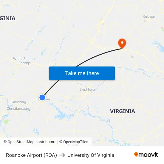 Roanoke Airport (ROA) to University Of Virginia map