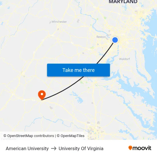 American University to University Of Virginia map