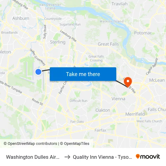 Washington Dulles Airport (IAD) to Quality Inn Vienna - Tysons Corner map
