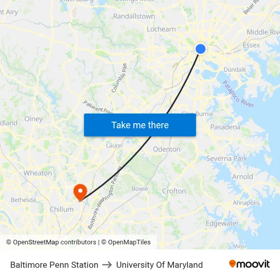 Baltimore Penn Station to University Of Maryland map