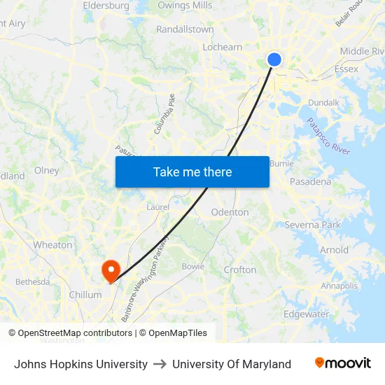 Johns Hopkins University to University Of Maryland map