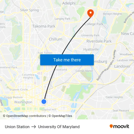 Union Station to University Of Maryland map