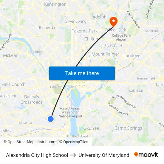 Alexandria City High School to University Of Maryland map