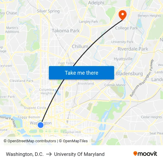 Washington, D.C. to University Of Maryland map