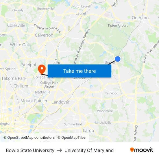 Bowie State University to University Of Maryland map
