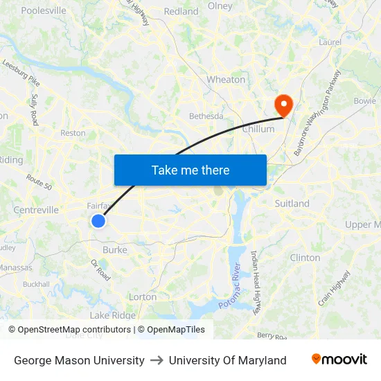 George Mason University to University Of Maryland map