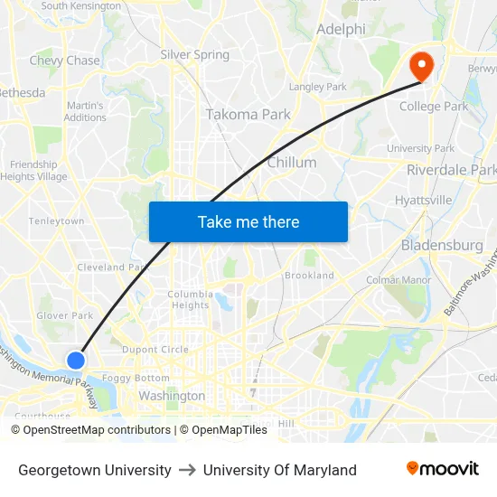 Georgetown University to University Of Maryland map