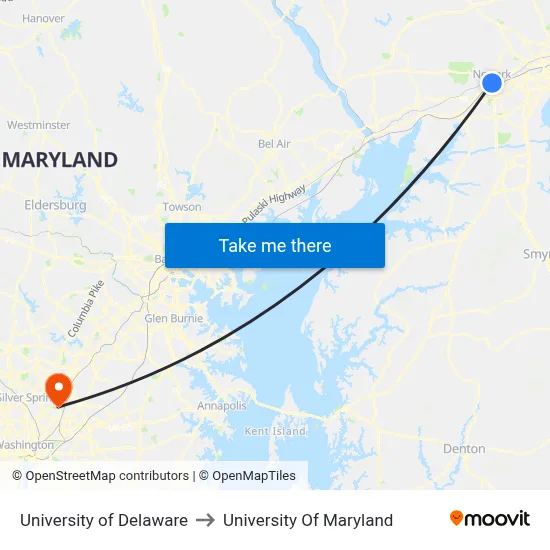 University of Delaware to University Of Maryland map