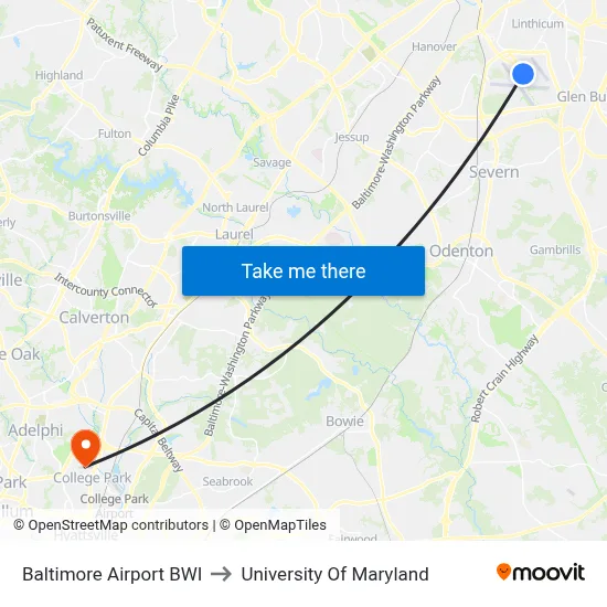 Baltimore Airport BWI to University Of Maryland map