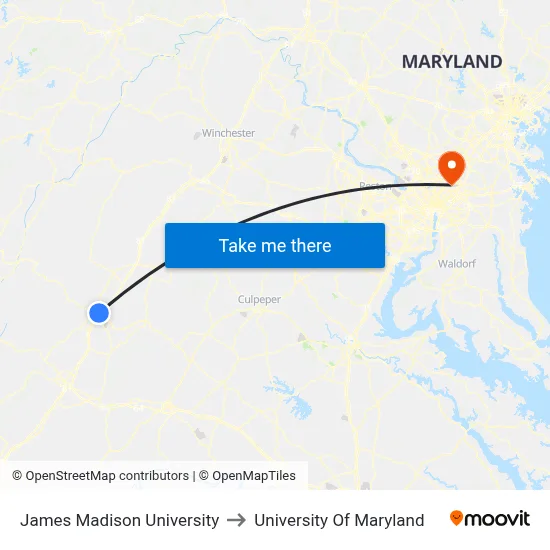 James Madison University to University Of Maryland map