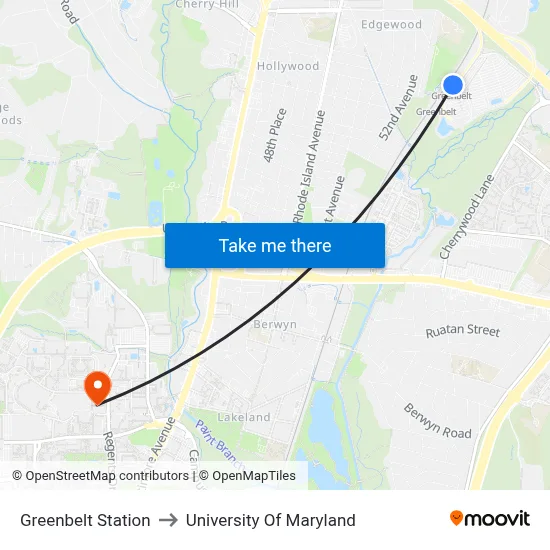 Greenbelt Station to University Of Maryland map
