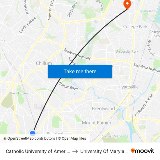 Catholic University of America, 620 Michigan Ave NE to University Of Maryland map