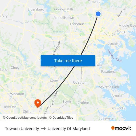 Towson University, 8000 York Rd to University Of Maryland map