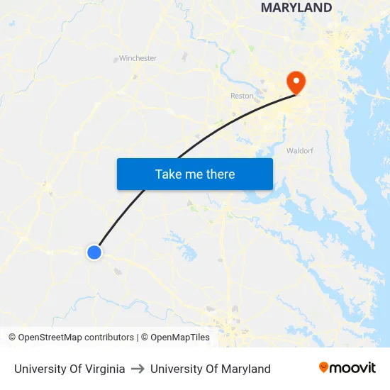 University Of Virginia to University Of Maryland map