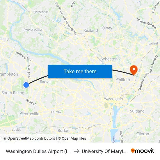 Washington Dulles Airport (IAD) to University Of Maryland map
