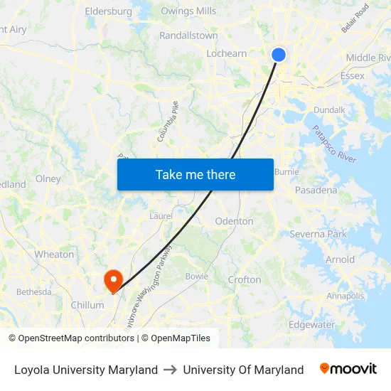 Loyola University Maryland to University Of Maryland map