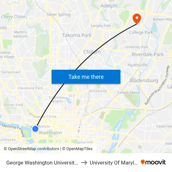 George Washington University Inn to University Of Maryland map