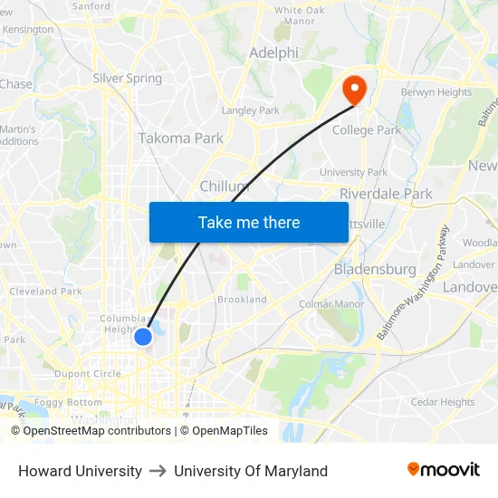 Howard University to University Of Maryland map