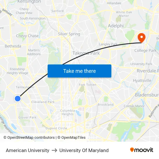 American University to University Of Maryland map