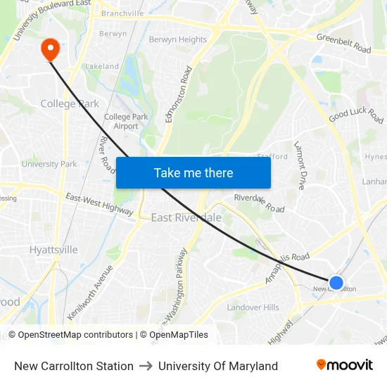 New Carrollton Station to University Of Maryland map