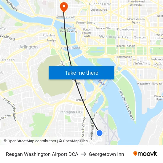 Reagan Washington Airport DCA to Georgetown Inn map