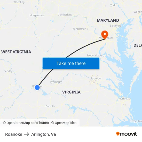 Roanoke to Arlington, Va map