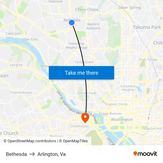 Bethesda to Arlington, Va map