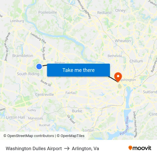 Washington Dulles Airport to Arlington, Va map
