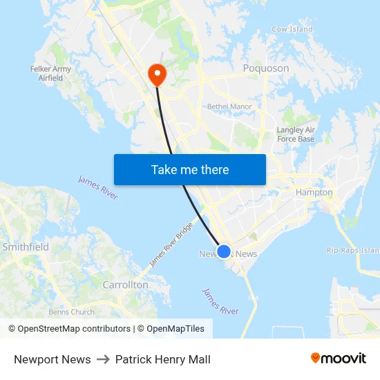 Newport News to Patrick Henry Mall map