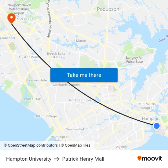 Hampton University to Patrick Henry Mall map