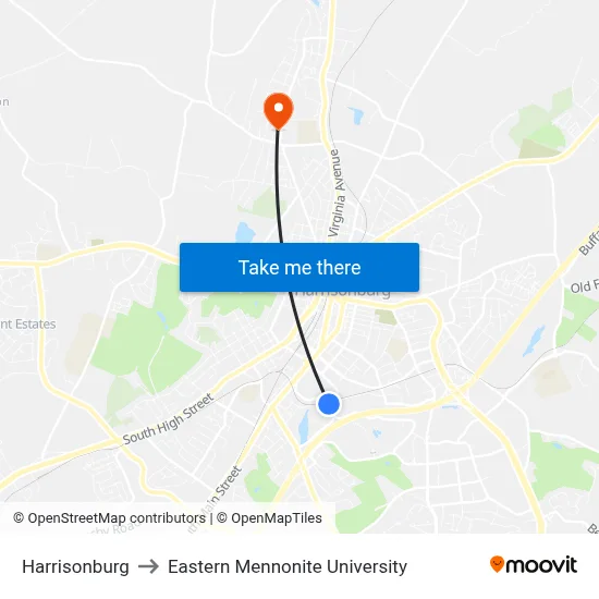 Harrisonburg to Eastern Mennonite University map